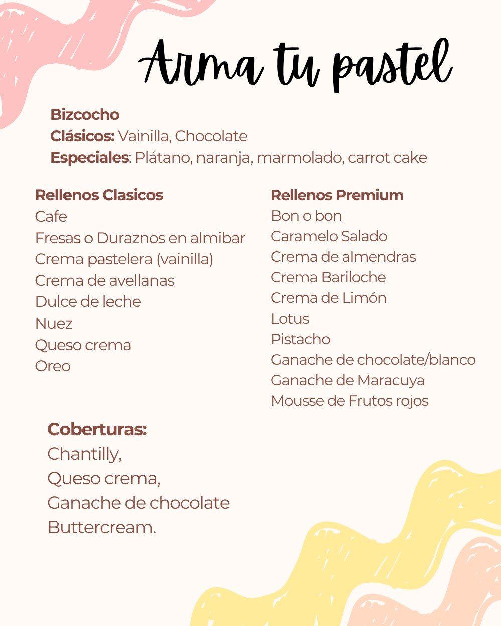 Arma tu pastel: bizcochos clásicos y especiales, rellenos clásicos y premium, y coberturas
