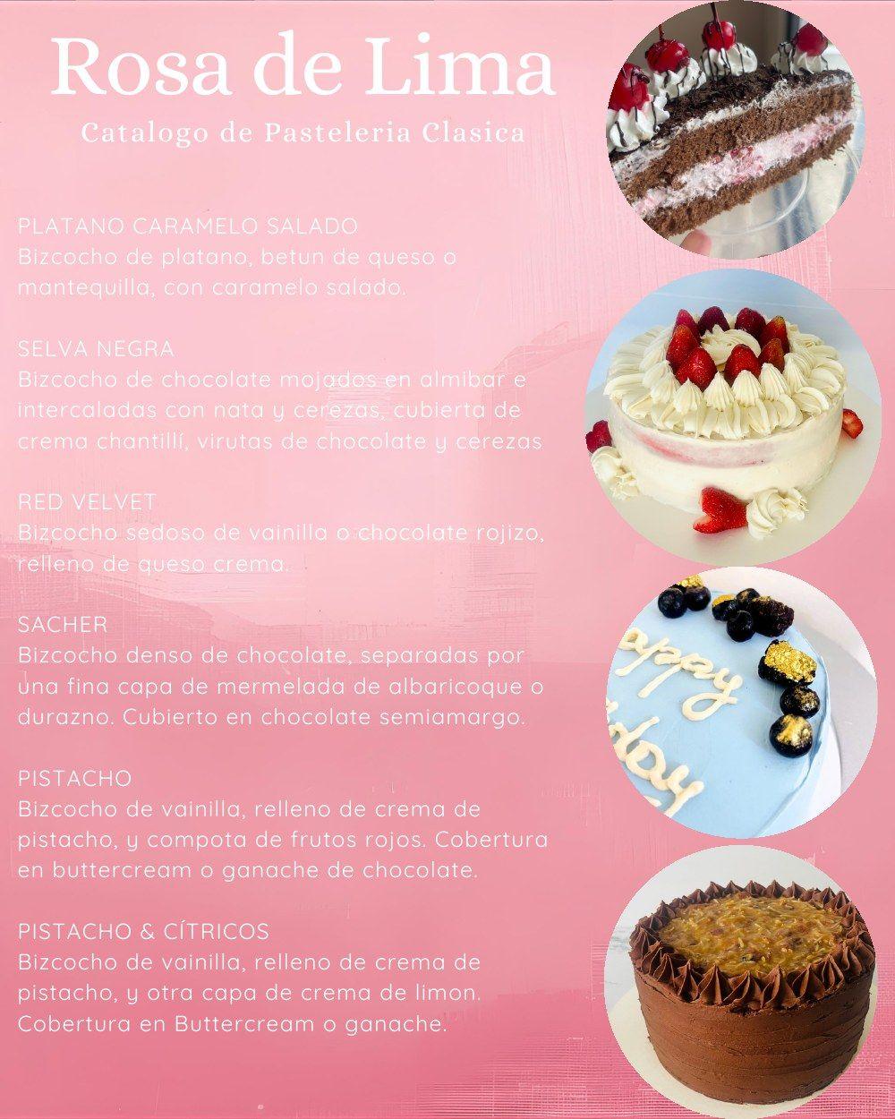 Pastelería clásica: plátano caramelo salado, selva negra, red velvet, Sacher y pistacho