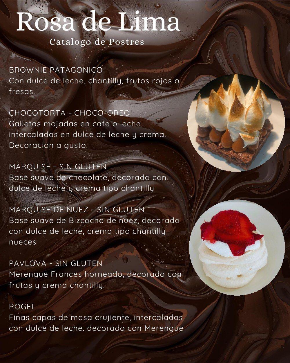 Postres: brownie patagónico, chocotorta, marquise, pavlova y rogel