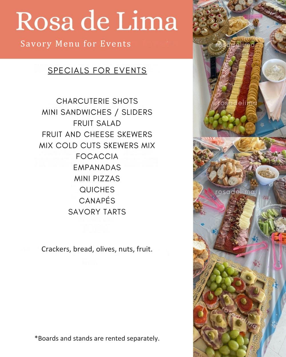 Savory for events: charcuterie, finger food, empanadas, quiches and more